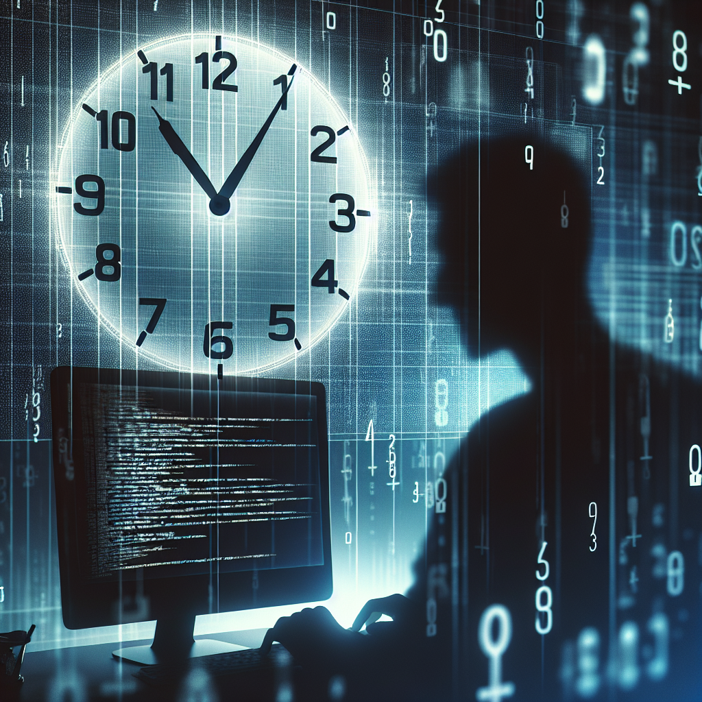 "Illustration depicting timestamp manipulation techniques used by hackers to obscure their activities, showcasing various digital clock displays and code snippets related to cybersecurity."